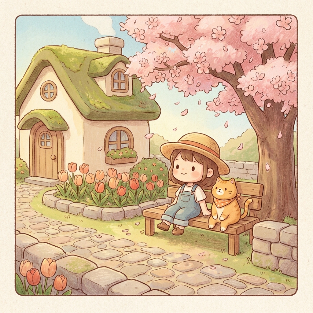 봄 마을 코너 - 벚꽃과 튤립, 밀짚모자 소녀와 고양이가 앉은 벤치